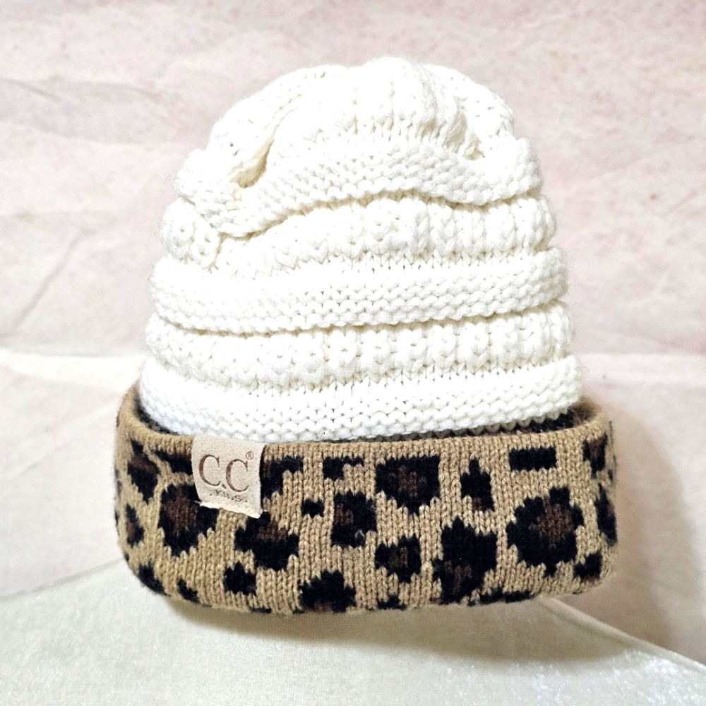 C.C Kids Leopard Print Beanie - White and Tan
